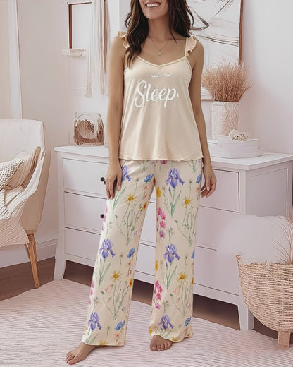 Women's Frill Trim Cami Pajama Set Letter Ruffle Spaghetti Strap Top and Floral Wide Leg Pants Casual Lounge Set with Pockets