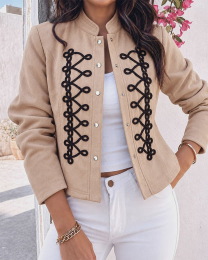 Women's Ethnic Braided Embroidered Faux Suede Stand Collar Snap Button Crop Jacket