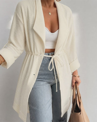 Women's Textured Drawstring Waist Lapel Coat Mid-length Roll Up Sleeve Button Front Trench Jacket