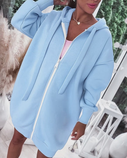 Women's Oversized Fleece Zip Up Hoodie Coat Long Sleeve Mid-Length Sweatshirt