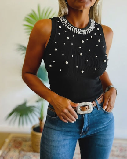 Women's Pearls Slim Fit Tank Top Sleeveless O-neck Ribbed Knit Tee