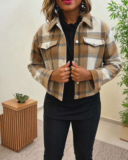 Women's Plaid Cropped Shacket Retro Button Down Long Sleeve Coat
