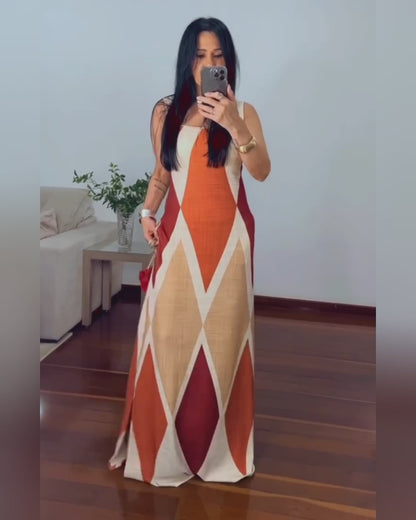 Geometric Print Square Neck Thick Strap Vacation Dress Casual Slim Fit Slit Maxi Dress