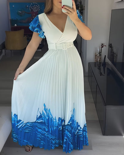 Abstract Placement Print Overlap Deep V-Neck Ruffles Sleeve Pleated Maxi Dress Elegant Zipper Back Cinched Waist Vacation Dress with Belt