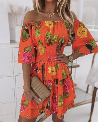 Women's Stretchy Off Shoulder Vacation Dress Tropical Fruit Floral Shirred Waist Ruffle Hem A Line Dress