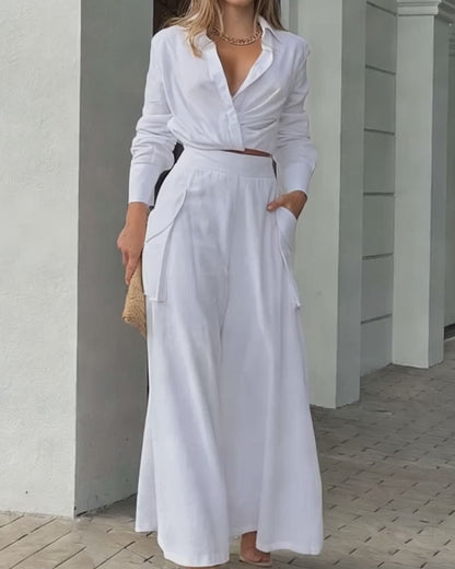 2 Pieces Outfit Turn-down Collar Long Sleeve Ruched Stretchy Hem Crop Top and Casual Elastic Back Waist Pockets Design Wide Leg Pants Set