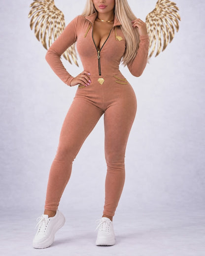 Women's Stand Collar Front Zip Gold Chain Ribbed Long Sleeve Slim Fit Jumpsuit