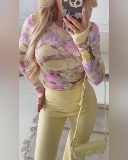 Women's Floral Print Long Sleeve Top Slim Fit Crewneck Tee Casual Stretchy Base Layer Top with Thumb Holes