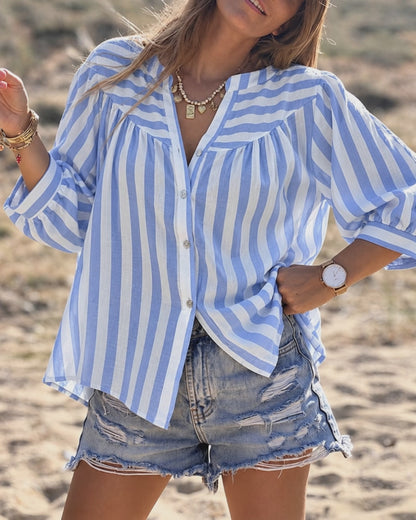 Women's Striped Notch Neck Loose Fit Three Quarters Sleeve Casual Button-Down Top