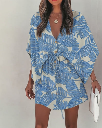 Tropical Plants Print V-Neck Bell Sleeve Button Front Mini Dress Casual Drawstring Waist Vacation Dress