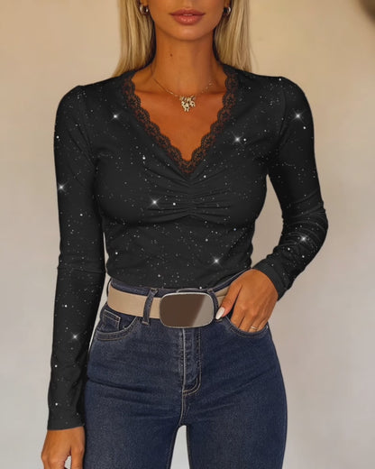 Women's Sparkle Glitter V Neck Long Sleeve Top Ruched Lace Trim Tee