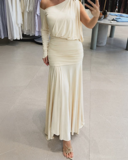 Women's One Shoulder Ruched Maxi Dress Gold Buckle Long Sleeve Evening Gown with Thumb Hole Cuffs
