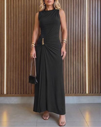 Women's Sleeveless Gold Buckle Ruched Maxi Evening Dress