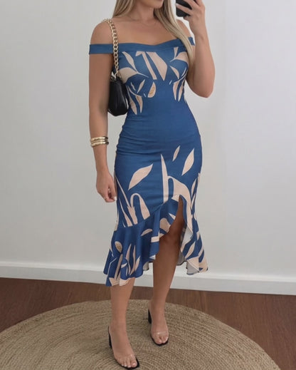 Women's Off Shoulder Midi Dress Leaf Print Bodycon Mermaid Dress Ruffle Hem Slit Party Cocktail Dress