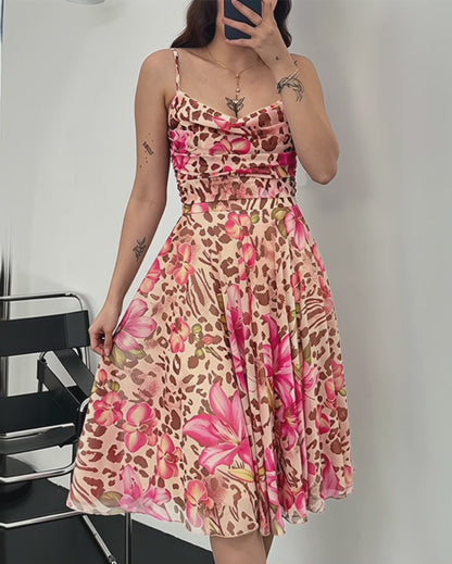 Women's Leopard Floral Mesh Midi Dress Sexy Cowl Neck Cami Dress High Waisted Ruched Backless A Line Sundress