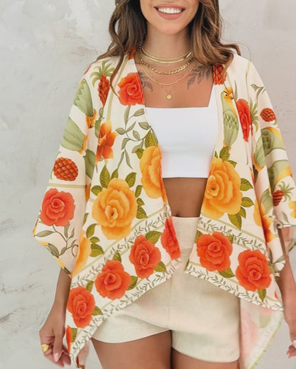 Tropical Floral & Animal Print Open Front Half Sleeve Cover-up Casual Hollow-out Back Loose Fit Cardigan