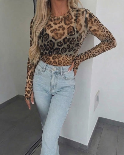 Women's Vintage Leopard Rhinestone Mesh Top Slim Fit Long Sleeve Tee with Thumb Holes
