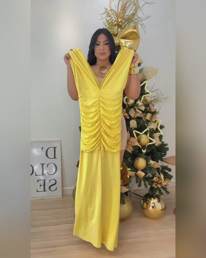 Women's Sleeveless V Neck Bodycon Maxi Dress Sexy Backless Ruched Long Dress Elegant Slit Evening Gown