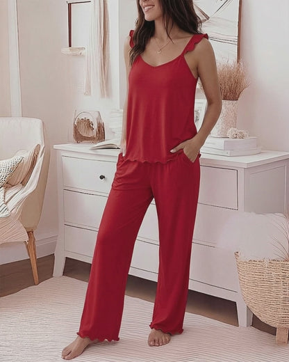 Women's 2 Piece Pajama Set Frill Trim Camisole Top and Wide Leg Pants Lounge Set Soft Sleepwear Outfits with Pockets