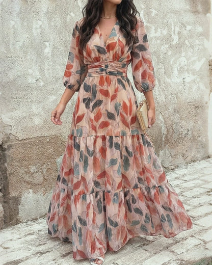 Plants Print V-Neck Half Sleeve Shirred Back Maxi Dress Casual Button Decor Ruched Ruffle Hem Vacation Dress