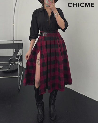 Plaid Print High Waist Side Slit Mid-length Skirt Casual Double Buckle A Line Pleated Skirt