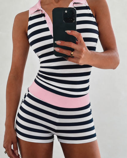 Women's 2 Piece Striped Slim Fit Outfit Sleeveless Polo Top and High Waisted Shorts Set