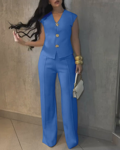 Women's Two-Piece Set Gold Button Sleeveless V-Neck Cinched Waist Top and High-Waist Wide-Leg Pants Elegant Commuter Outfit