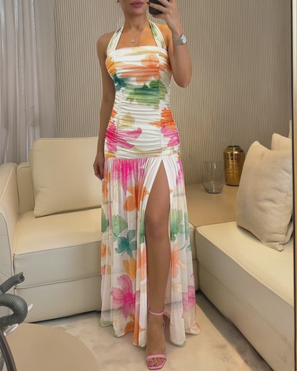 Women's Watercolor Floral Halter Tie Maxi Dress Sexy Backless Ruched Bodycon Dress Elegant Slit Mesh Evening Party Gown