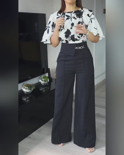 2 Pieces Outfit Floral Print Round Neck Bell Sleeve Satin Top and High Waist Wide Leg Work Pants Set