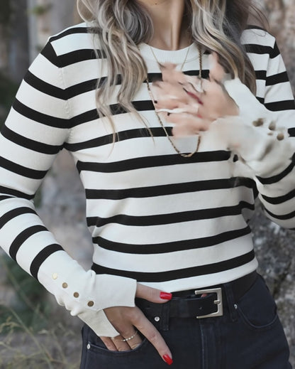 Women's Striped Crew Neck Gold Button Split Cuff Fitted Knit Top