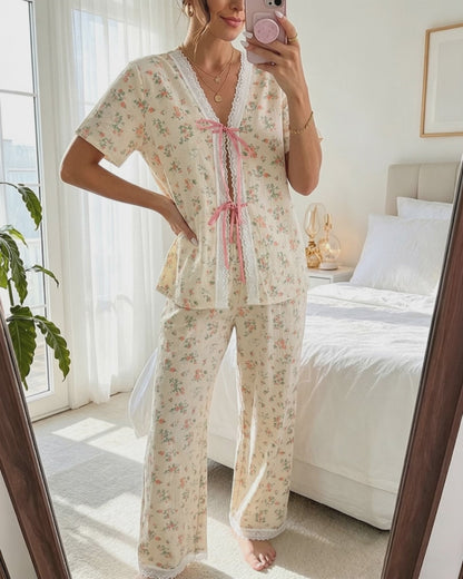 Women's 2 Piece Ditsy Floral Lace Trim Pajamas Set Tie Front Top and Wide Leg Pants Casual Loungewear