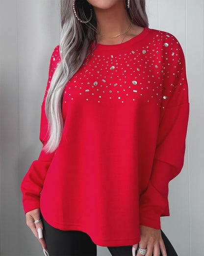 Women's Rhinestone Crewneck Sweatshirt Loose Drop Shoulder Pullover Top