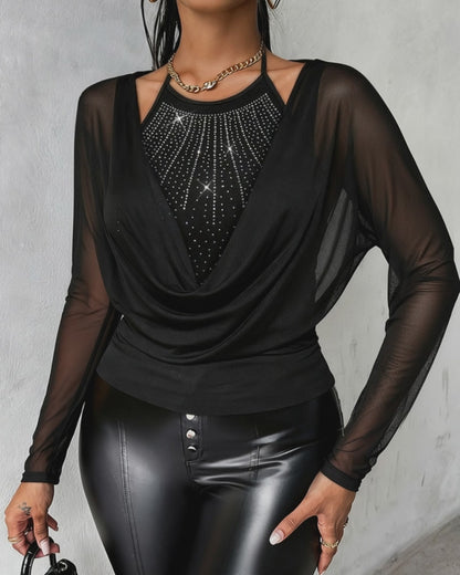Rhinestone Decor Halter Tie Cowl Neck Long Sleeve Tee Casual Sheer Mesh Spliced Backless Top