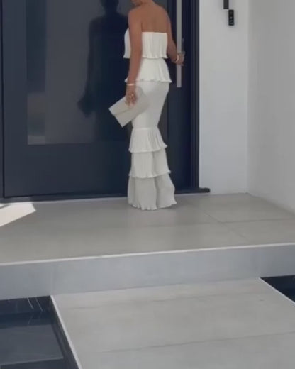 Layered Ruffle Shirred Slim Fit Strapless Dress Textured Maxi Party Dress