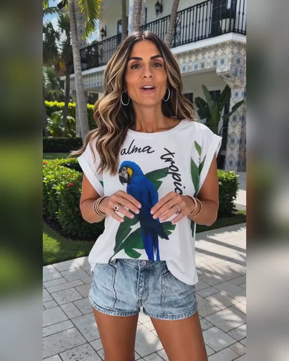 Colorblock Parrots Print O-neck Short Sleeve Tee Casual Rolled Cuffs Top