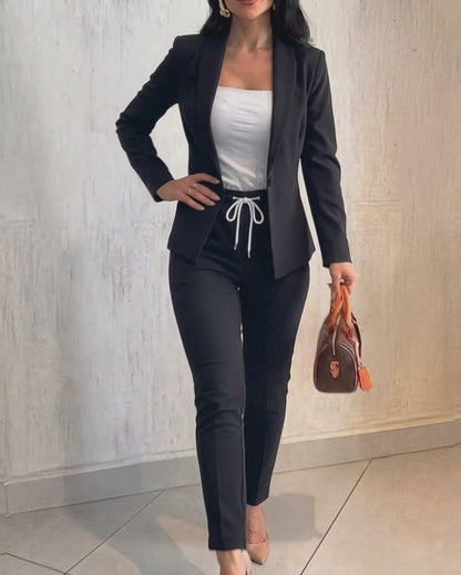2 Pieces Outfit Shawl Collar Single Breasted Pockets Design Blazer Coat and Drawstring Elastic Waist Slim Fit Pants Set