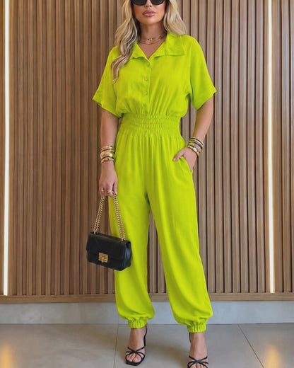 Women's Lapel Half Sleeve Jumpsuit Button Front Shirred Waist Casual Overalls with Pockets