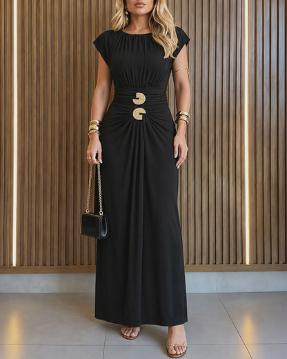 Women's Boat Neck Ruched Maxi Dress Gold Buckle Cap Sleeve Formal Evening Gown
