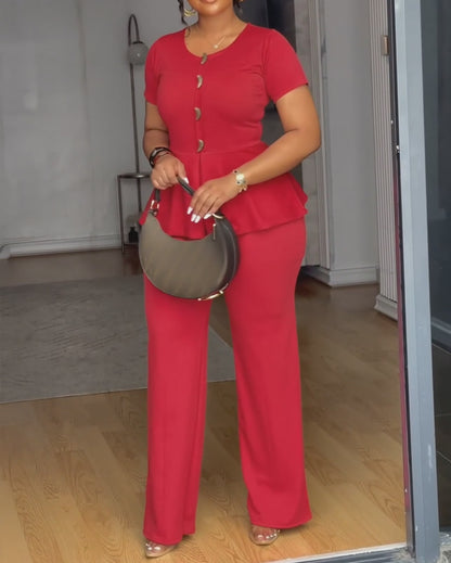 Toggle Button Decor Round Neck Peplum Waist Overalls Casual Zipper Back Wide Leg Jumpsuit