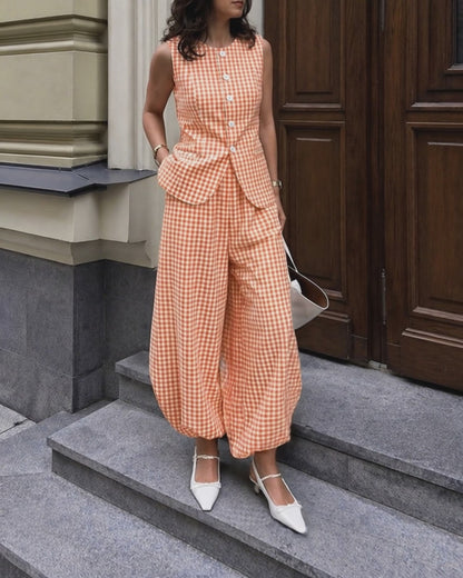 Women's French Vintage Plaid 2 Piece Outfits Sleeveless Button Vest Top and High Waist Lantern Pants Set