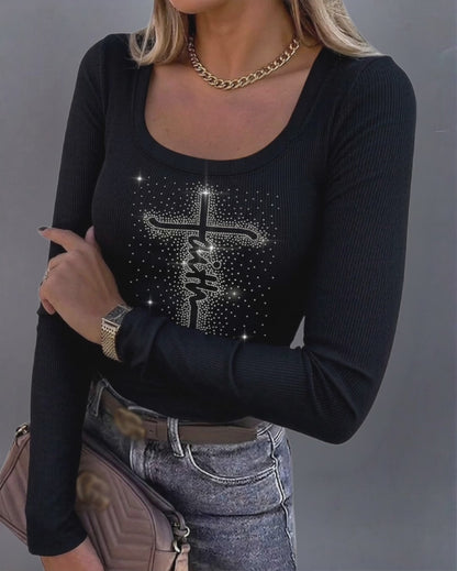 Women's Square Neck Long Sleeve Top Rhinestone Faith Letter Graphic Ribbed Knit Shirt Slim Fit Casual Sparkly Tee