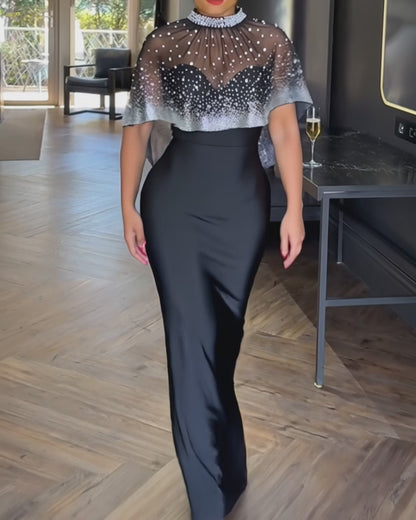 2 Pieces Outfit Detachable & Adjustable Spaghetti Straps Zipper Back Slit Slim Fit Maxi Dress and Rhinestone & Pearls Decor High Neck Zipper Back Sheer Mesh Poncho Cape
