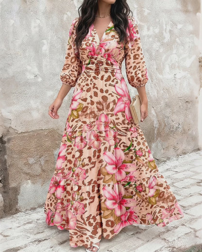 Women's Leopard Floral Print Dress V Neck Three Quarters Sleeve Ruffle Hem Dress Shirred Back A-Line Maxi Vacation Dress