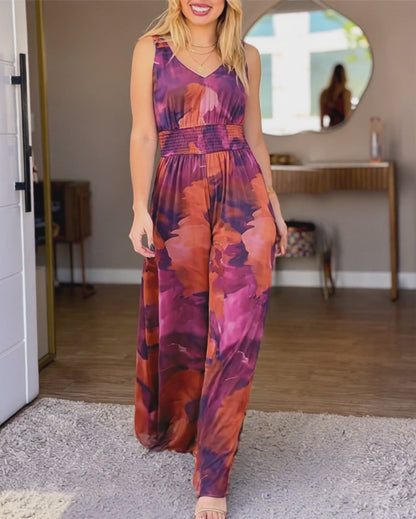 Women's Tie Dye Print Mesh Jumpsuit V Neck Shirred Waist Wide Leg Overalls Backless Sleeveless Jumpsuit with Pockets