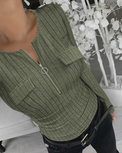 Long Sleeve Half Zip Flap Detail Ribbed Tee Slim Fit Brushed Top