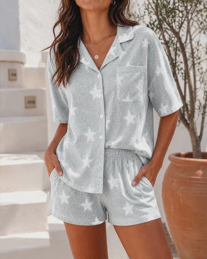 Women's Star Print Pajama Set Half Sleeve Button Down Top and High Waist Shorts Casual Lounge Set