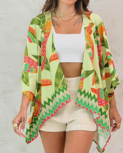 Allover Parrot Print Open Front Half Sleeve Cover-up Casual Hollow-out Back Loose Fit Cardigan