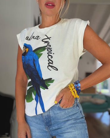 Tropical Animal & Plants Letter Print O-neck Short Sleeve Tee Casual Rolled Cuffs Top