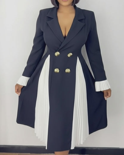 Colorblock Pleated Spliced Notched Collar Pleated Flared Cuff Double Breasted Blazer Dress Elegant Cinched Waist Flared Hem Commuting Dress