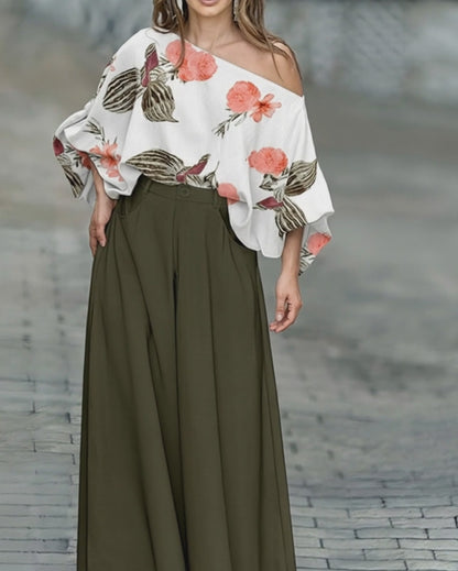 2 Pieces Outfit French Style Floral Print Skew Neck Batwing Sleeve Stretchy Hem Top and Zipper Fly Elastic Back Waist Wide Leg Pants Set Casual Loose Fit Set